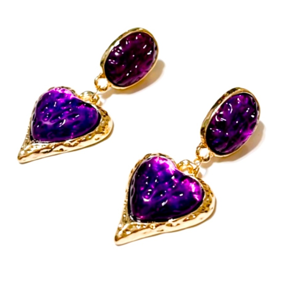 Purple Heart in gold Statement Earrings